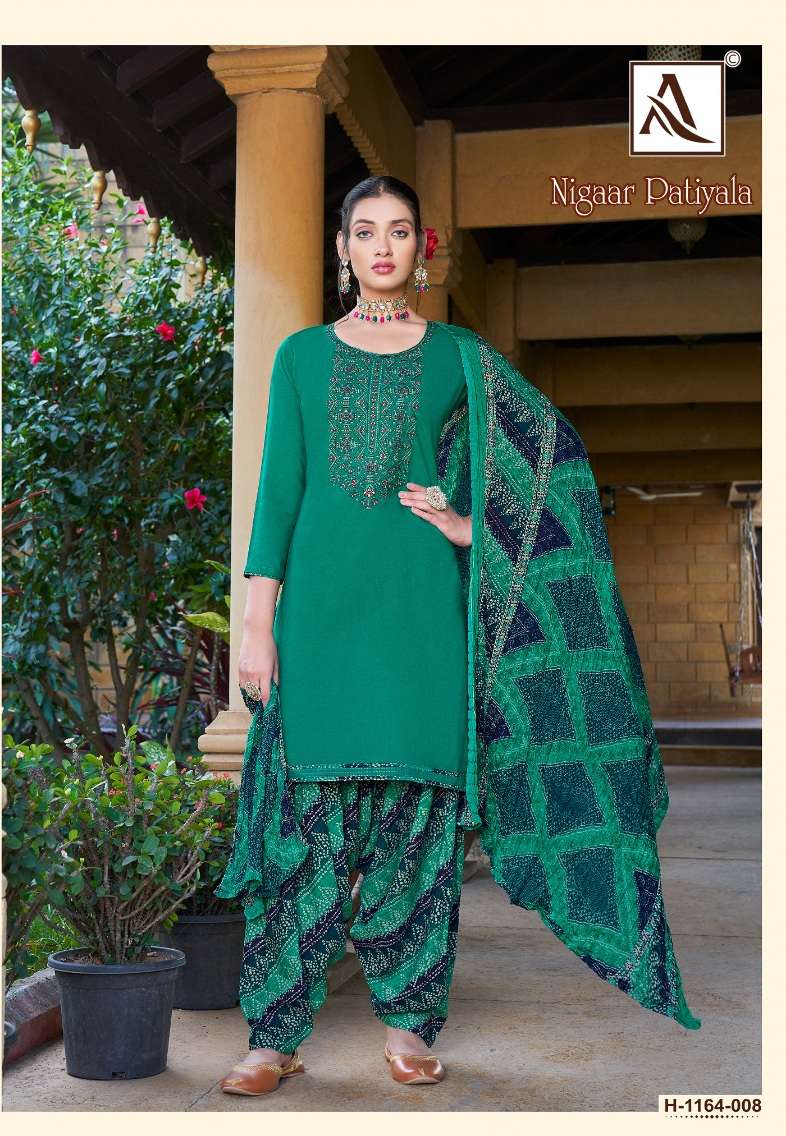 Alok Suits Nigaar Patiyala Pure Viscose Reyon Slub With Thread Embroidery Top Bottom With Dupatta On Wholesale