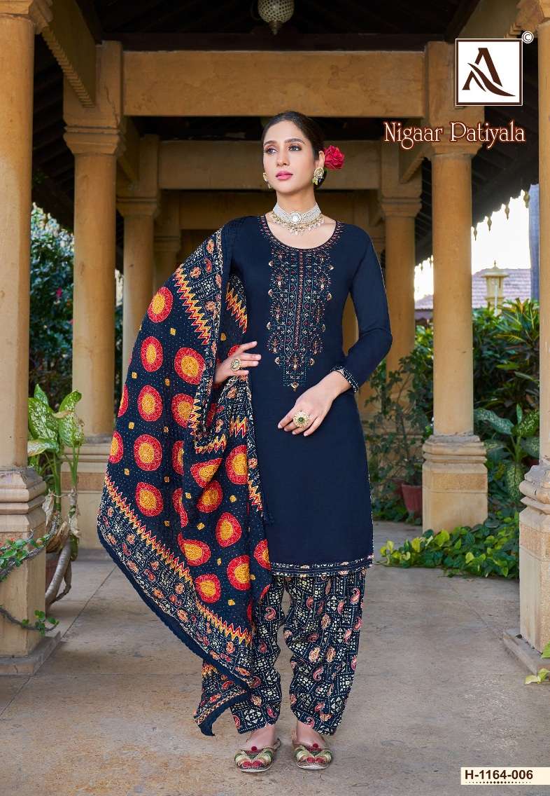 Alok Suits Nigaar Patiyala Pure Viscose Reyon Slub With Thread Embroidery Top Bottom With Dupatta On Wholesale