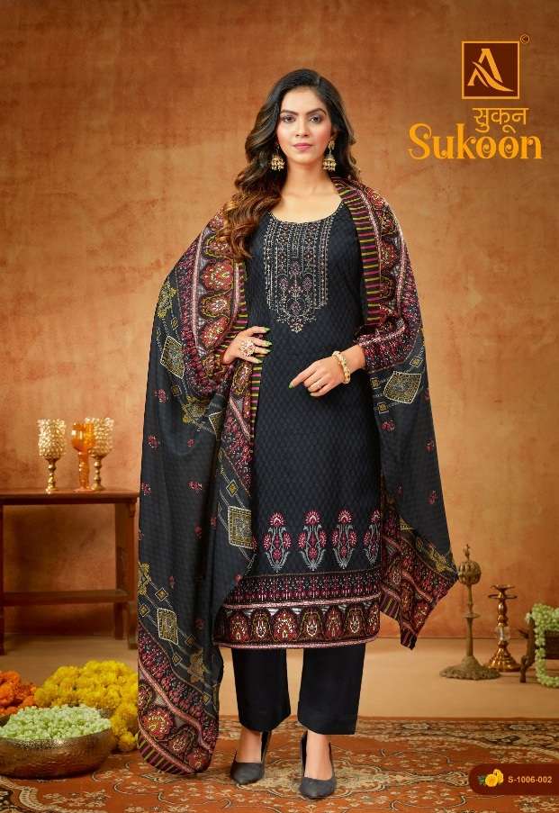 Alok Suits Sukoon Pure Zam Print with Fancy Embroidery & Swarovski Diamond Work On Wholesale