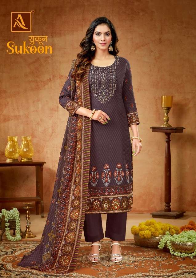 Alok Suits Sukoon Pure Zam Print with Fancy Embroidery & Swarovski Diamond Work On Wholesale