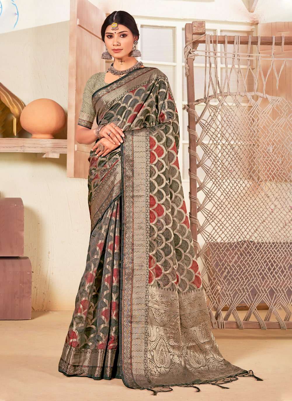 Bunawat Surtaal Organza Woven Work  Saree  Tassels on Pallu With Wholesale