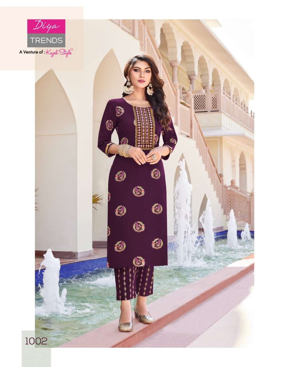 Diya Trends Zoori Vol 1 Kajal Style Reyon With Classy Gold Print Kurti With Pant On Wholesale