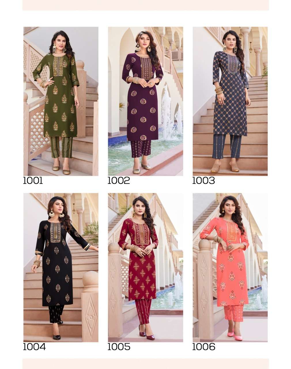 Diya Trends Zoori Vol 1 Kajal Style Reyon With Classy Gold Print Kurti With Pant On Wholesale