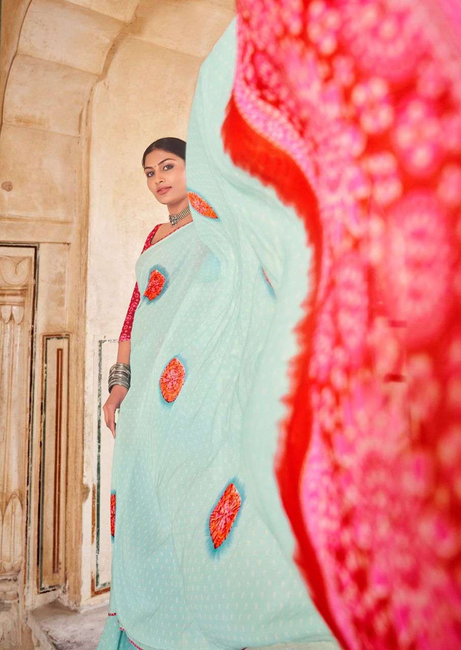 Lt Radha Casual Wear Georgette Saree Denting With Zari Print On Wholesale