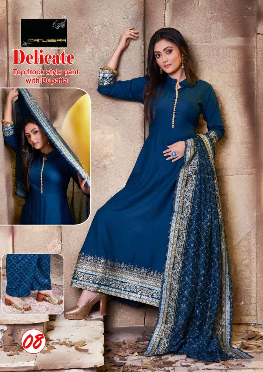 Manjeera Delicate Kurta Pant Set On Rayon Gold Print With Wholesale Price