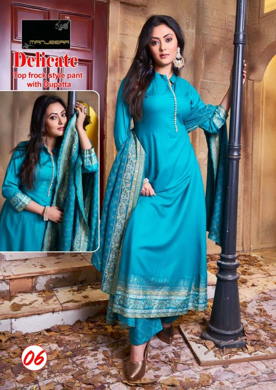 Manjeera Delicate Kurta Pant Set On Rayon Gold Print With Wholesale Price