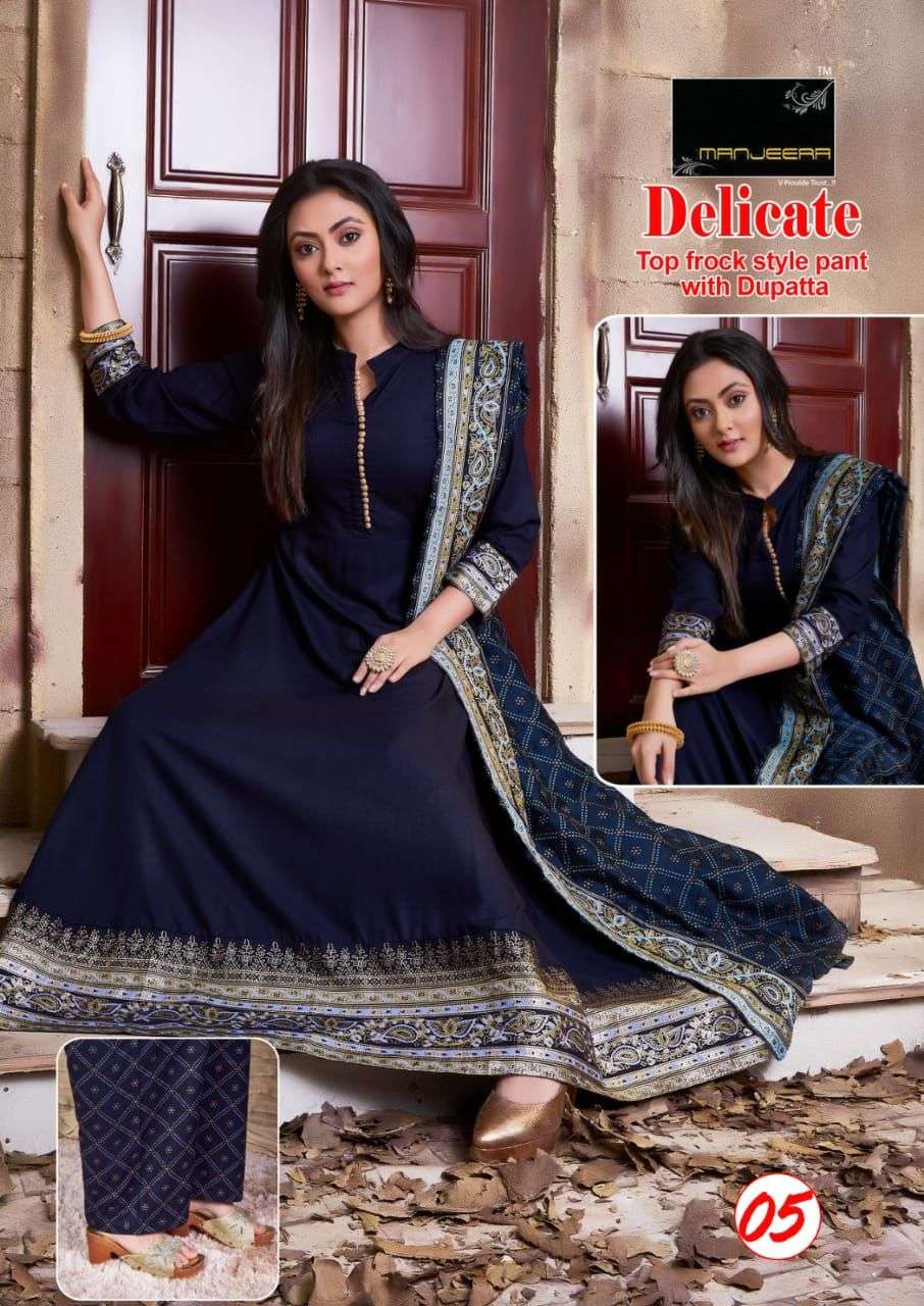 Manjeera Delicate Kurta Pant Set On Rayon Gold Print With Wholesale Price