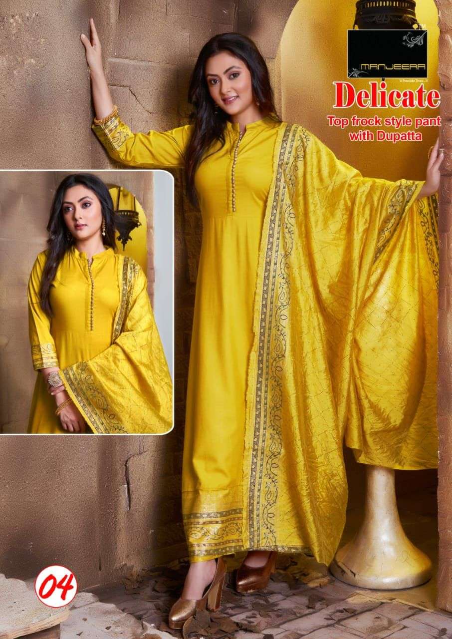 Manjeera Delicate Kurta Pant Set On Rayon Gold Print With Wholesale Price