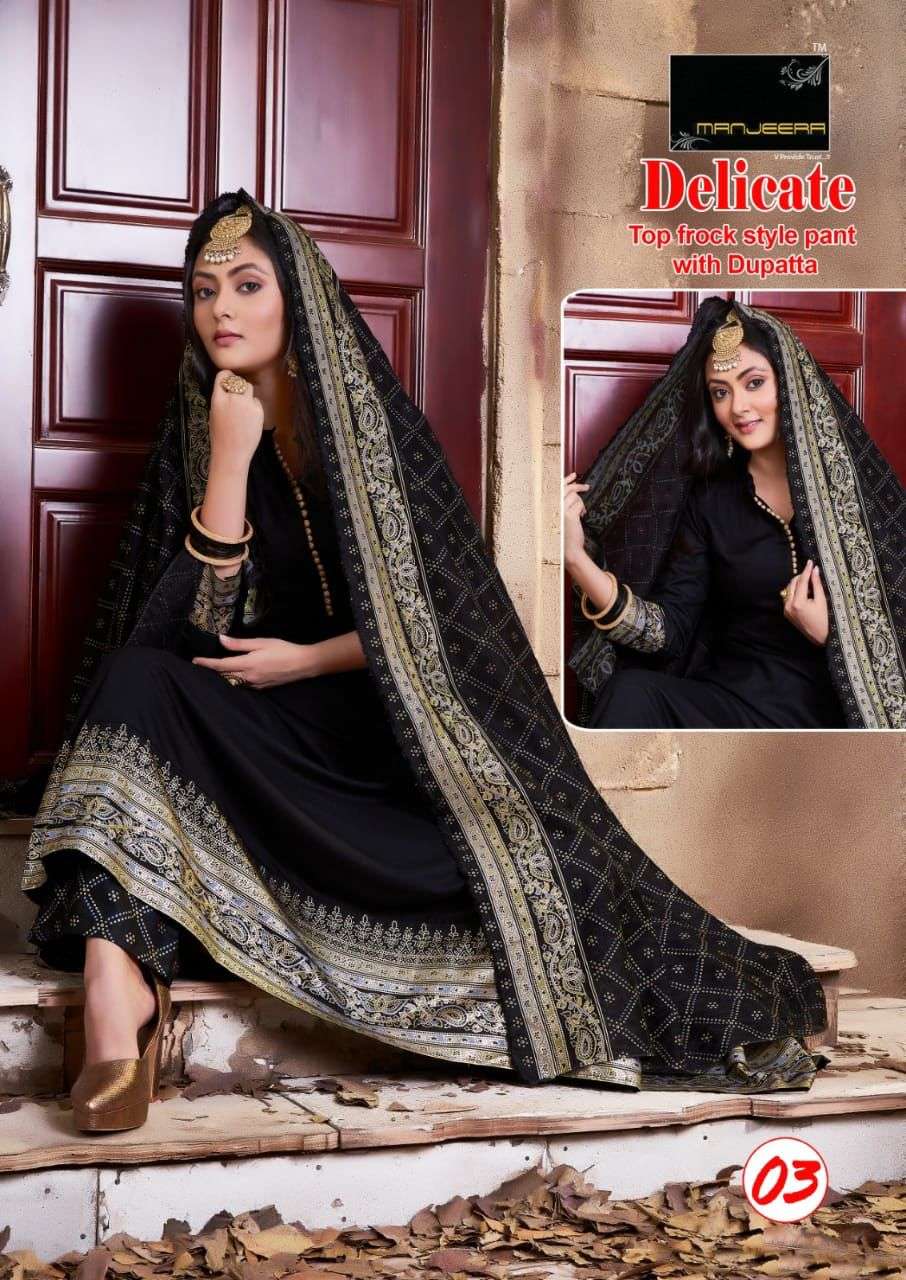 Manjeera Delicate Kurta Pant Set On Rayon Gold Print With Wholesale Price
