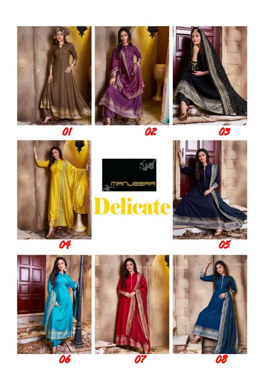Manjeera Delicate Kurta Pant Set On Rayon Gold Print With Wholesale Price