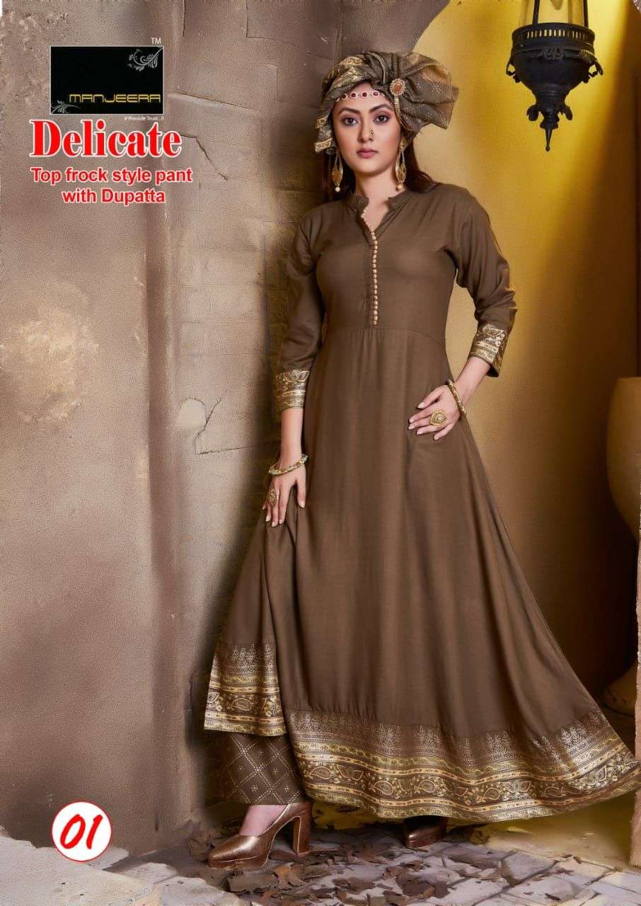 Manjeera Delicate Kurta Pant Set On Rayon Gold Print With Wholesale Price