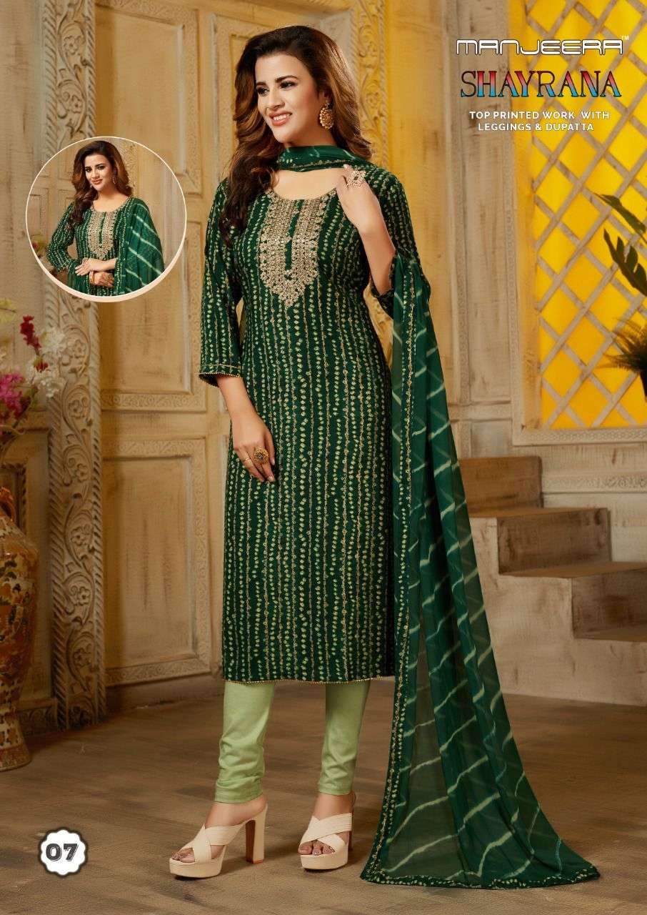 Manjeera Shayrana Rayon Foil Print Top Bottom With Dupatta On Wholesale  
