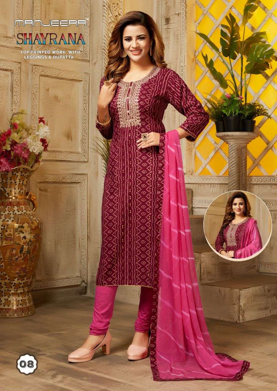 Manjeera Shayrana Rayon Foil Print Top Bottom With Dupatta On Wholesale  