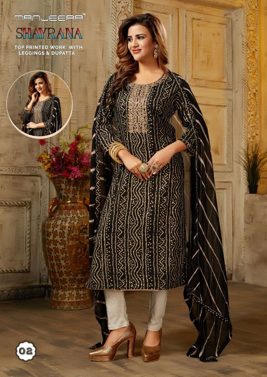Manjeera Shayrana Rayon Foil Print Top Bottom With Dupatta On Wholesale  