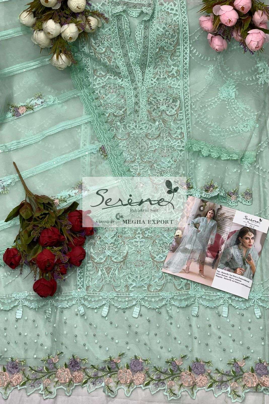 Serine D.No. S-72 Butterfly Net Heavy Embroidered Pakistani Suit On Wholesale