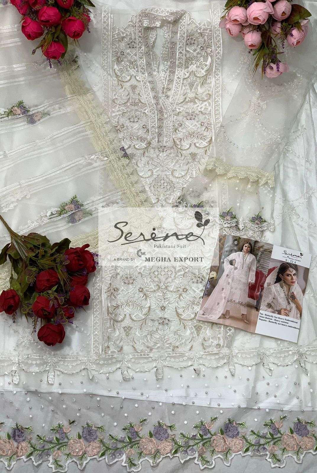 Serine D.No. S-72 Butterfly Net Heavy Embroidered Pakistani Suit On Wholesale