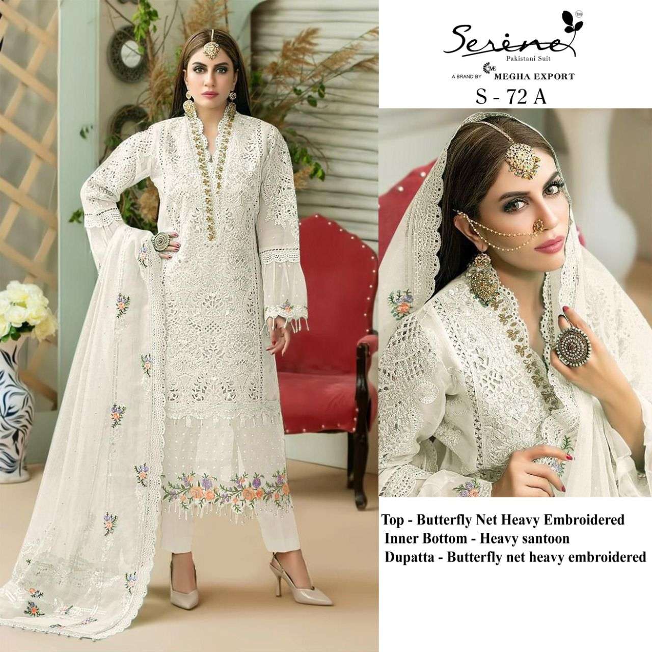 Serine D.No. S-72 Butterfly Net Heavy Embroidered Pakistani Suit On Wholesale