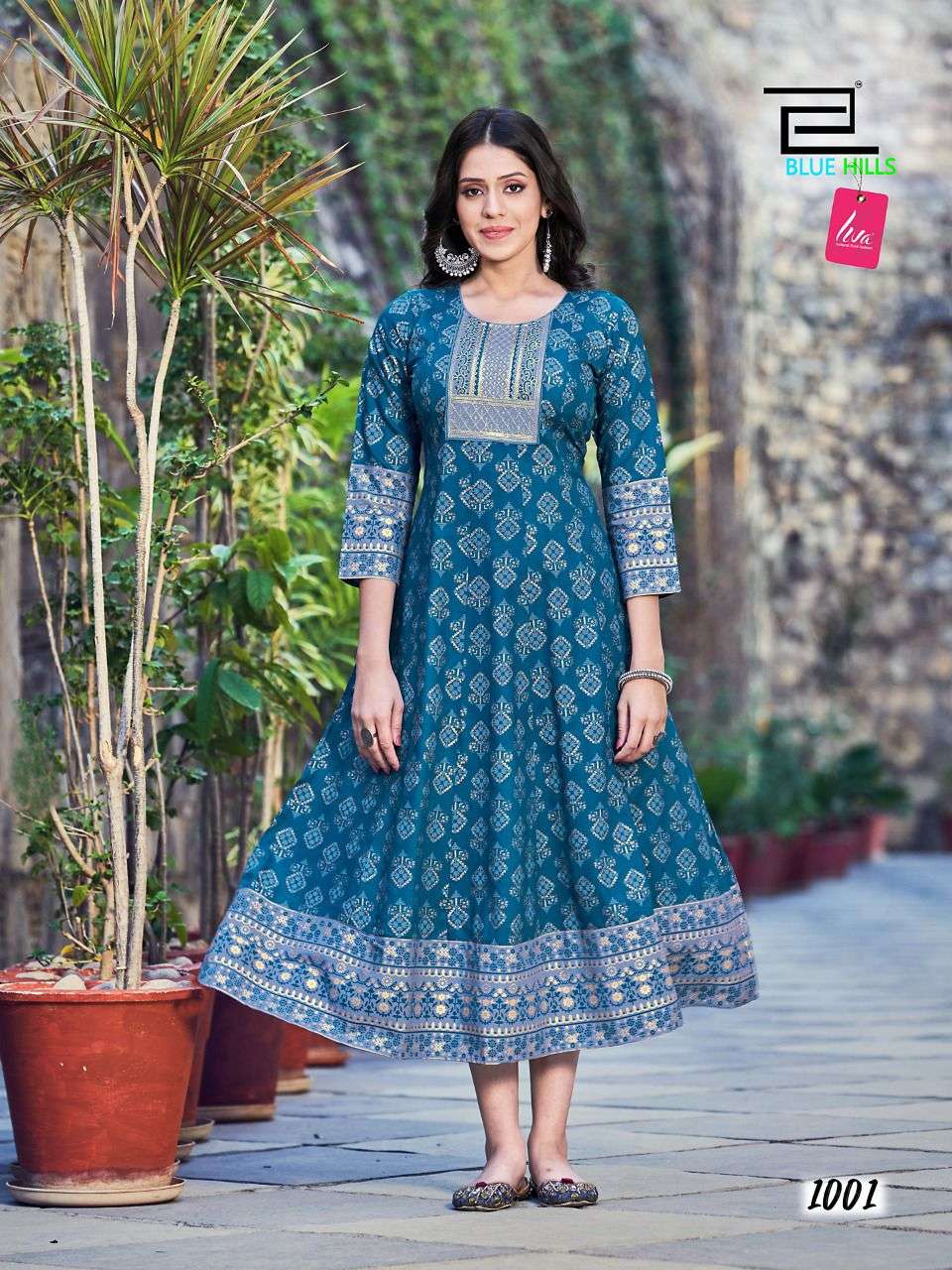 Blue Hills Sensational Rayon 14Kg Foil print Fancy Long Anarkali Kurti On Wholesale