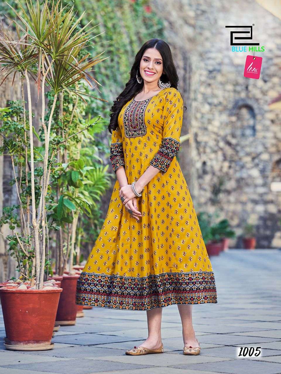 Blue Hills Sensational Rayon 14Kg Foil print Fancy Long Anarkali Kurti On Wholesale