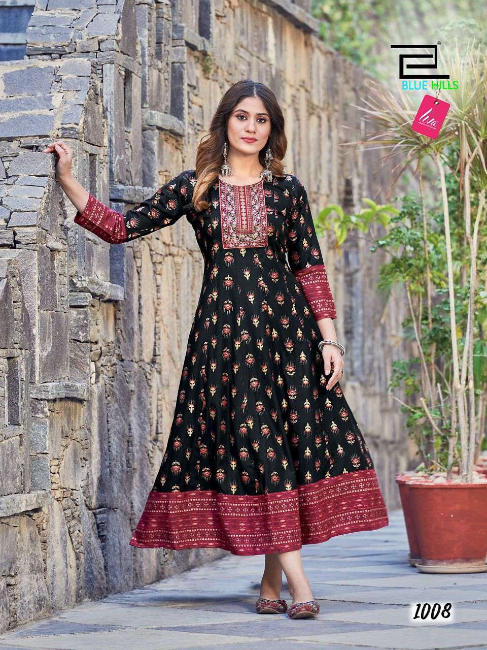 Blue Hills Sensational Rayon 14Kg Foil print Fancy Long Anarkali Kurti On Wholesale