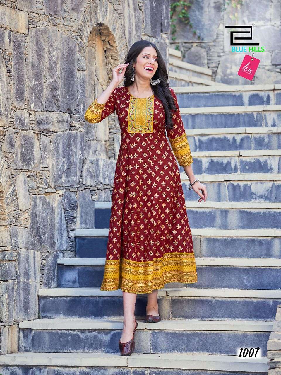 Blue Hills Sensational Rayon 14Kg Foil print Fancy Long Anarkali Kurti On Wholesale