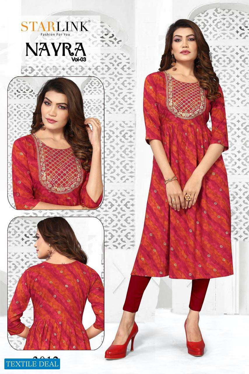 Starlink Nayra Vol-3 Naira Cut With Embroidery Patch Kurtis Wholesale catalog