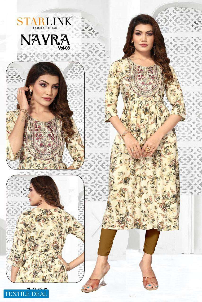 Starlink Nayra Vol-3 Naira Cut With Embroidery Patch Kurtis Wholesale catalog