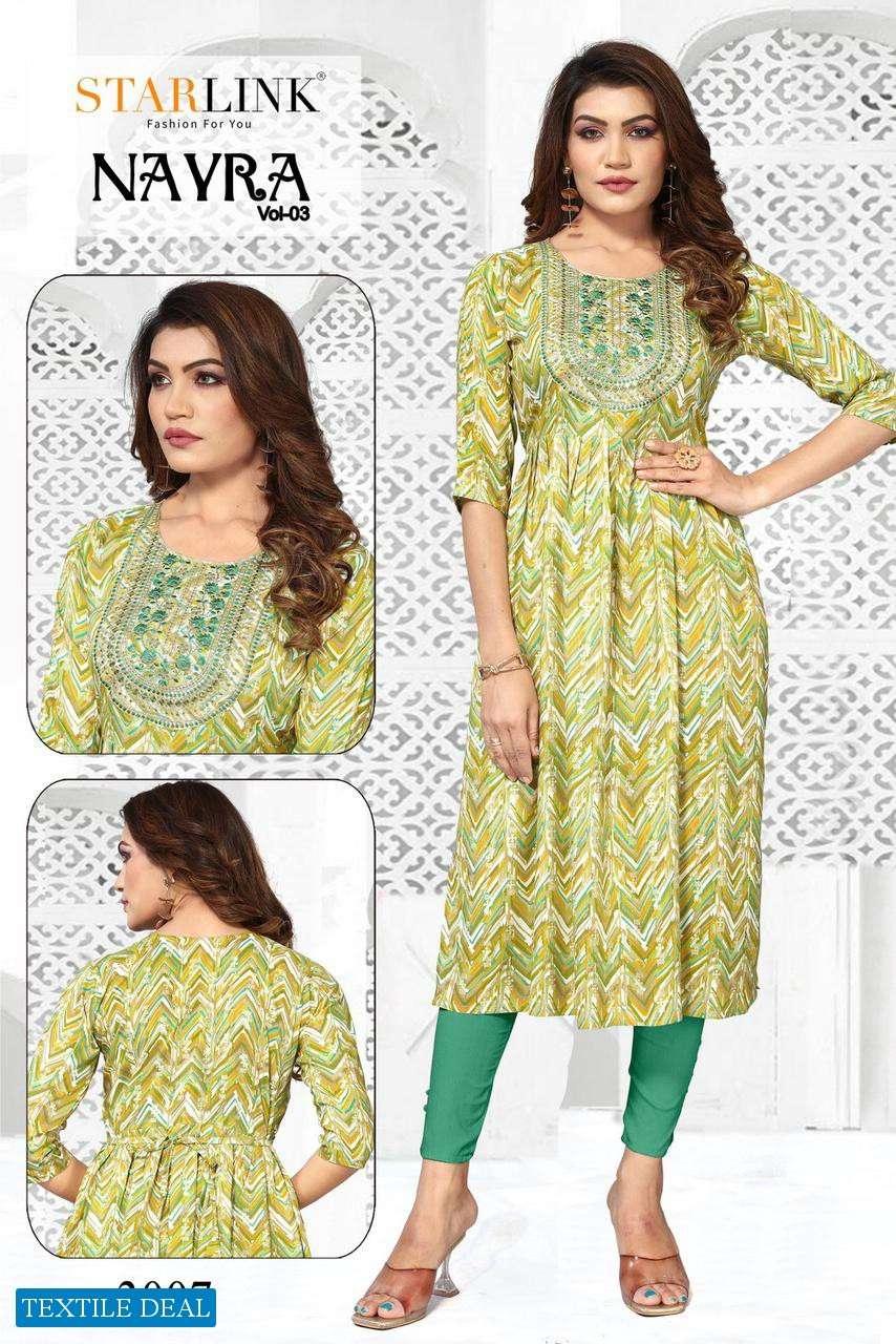 Starlink Nayra Vol-3 Naira Cut With Embroidery Patch Kurtis Wholesale catalog
