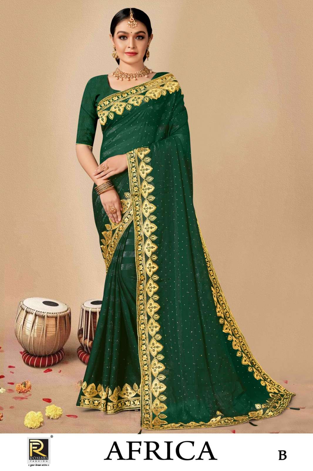 AFRICA  BY RONISHA SAREE  FANCY FABRICS SELF PETTERN WITH SIROSKI DIAMOND AND EMBROIDERY WORK SUPER HIT COLLECTION 