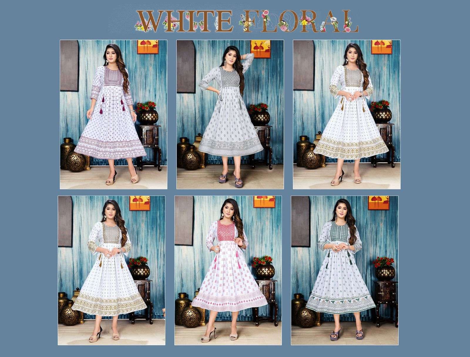 GOLDEN WHITE FLORAL Rayon Foil  Print Kurti Wholesale catalog