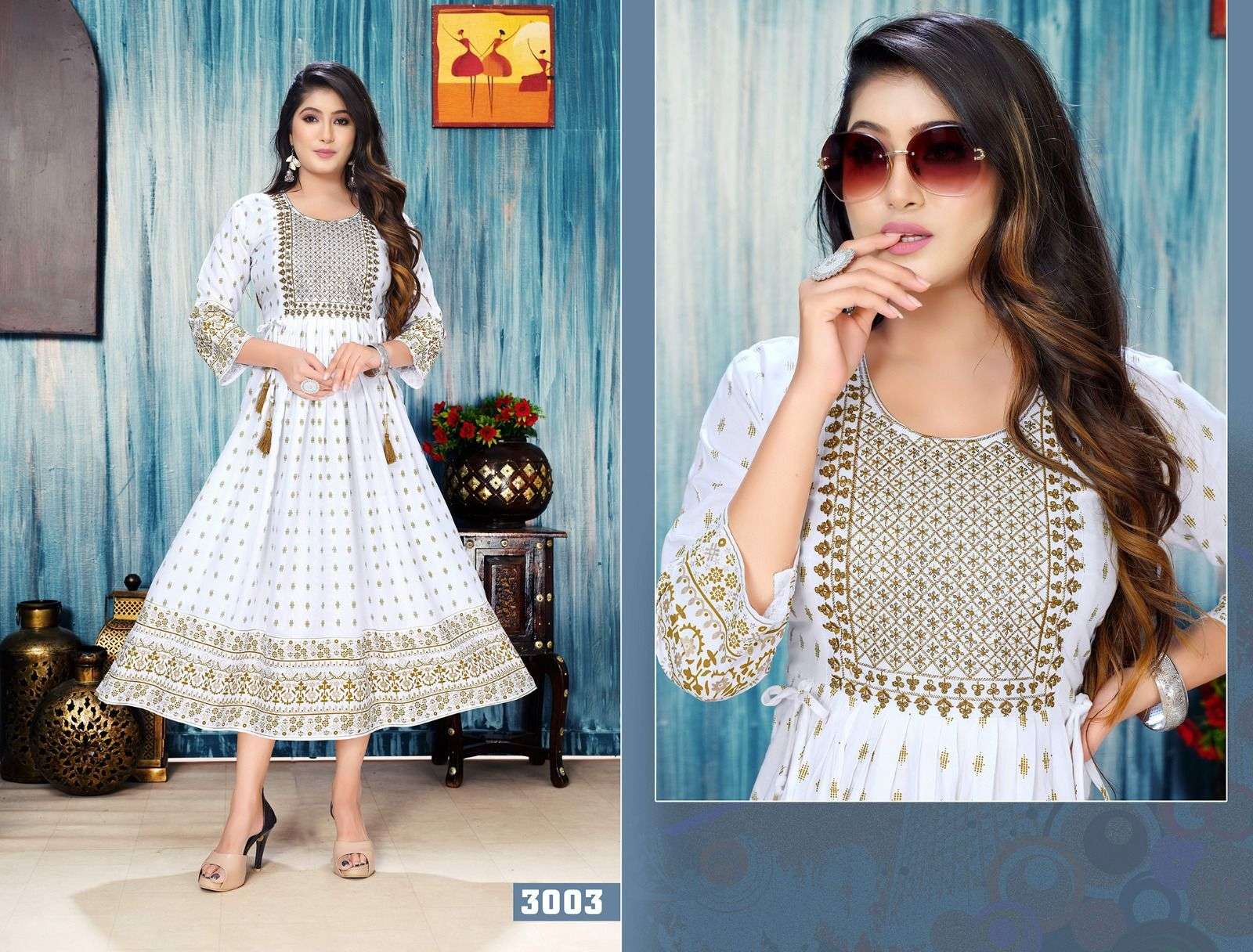 GOLDEN WHITE FLORAL Rayon Foil  Print Kurti Wholesale catalog