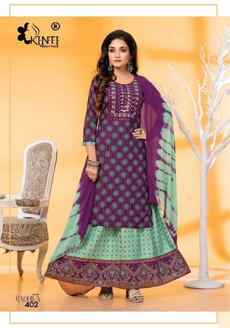 Kinti Radhika Vol 4 Heavy Rayon Kurti Skirt With Dupatta Wholesale catalog