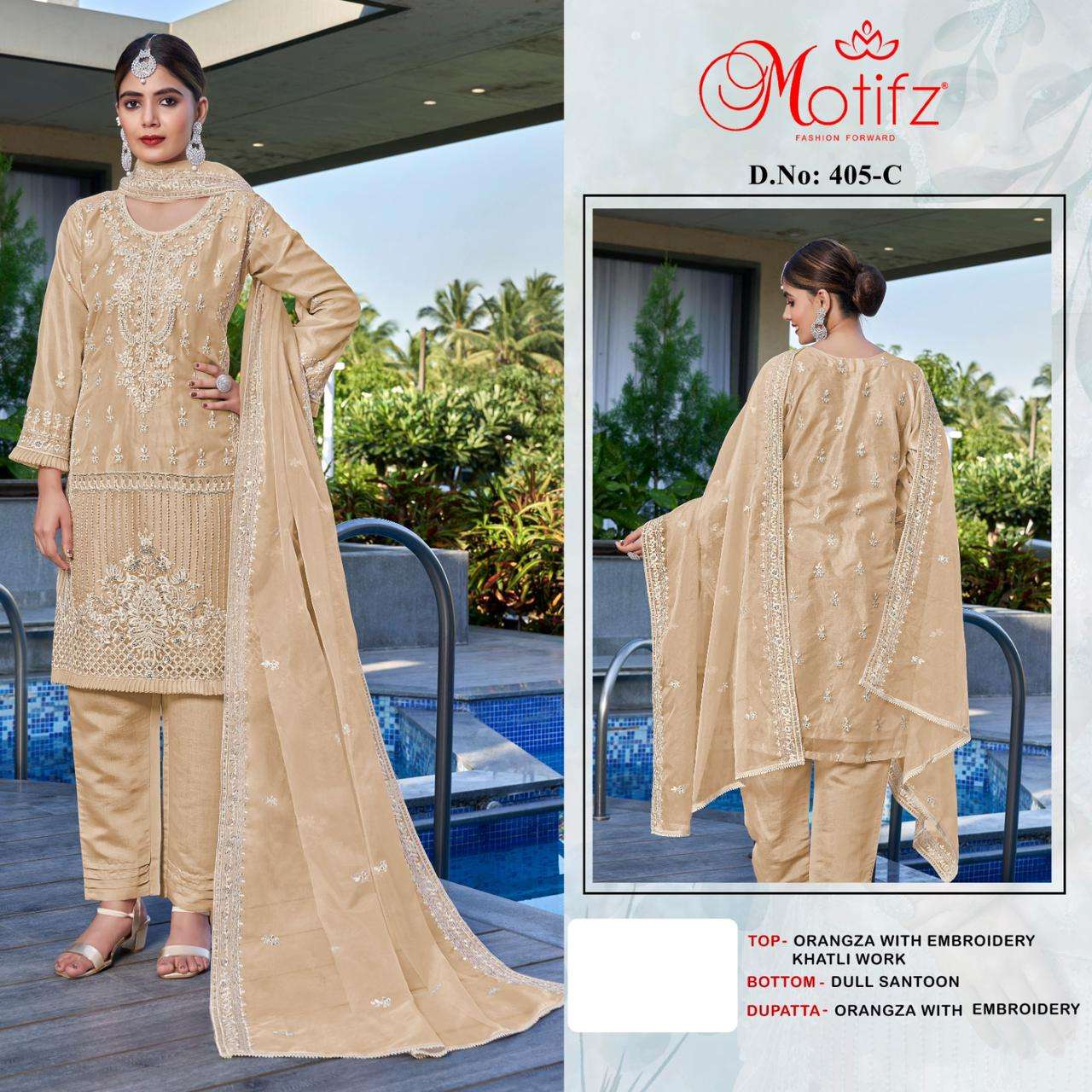 Motifz D -405 Organza with Embroidery khatli work Salwar Kameez Wholesale catalog