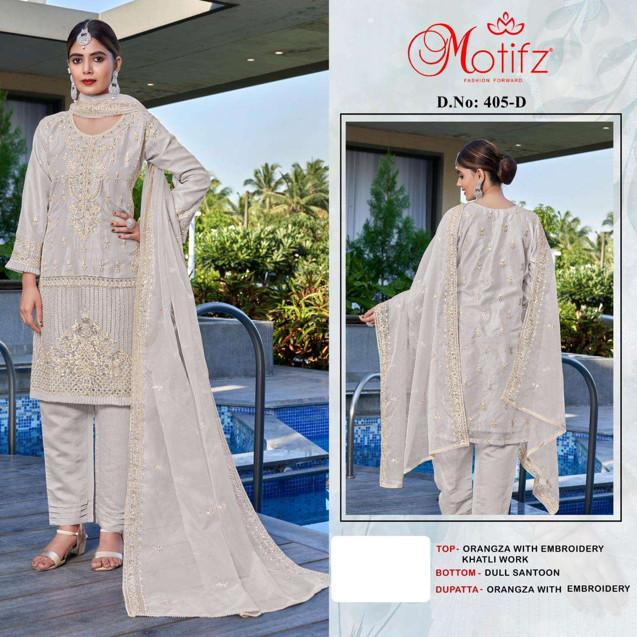 Motifz D -405 Organza with Embroidery khatli work Salwar Kameez Wholesale catalog