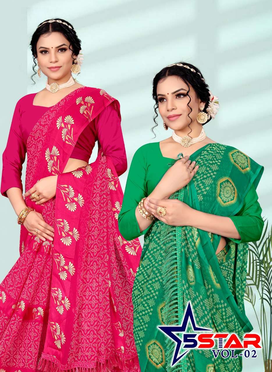 5 staar padding satin petterne print with fancy blouse Saree Wholesale catalog