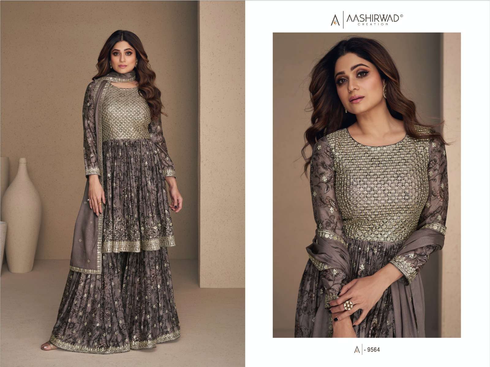 Aashirwad Gulkand Flower Chinnon Silk Designer Salwar Kameez Wholesale catalog