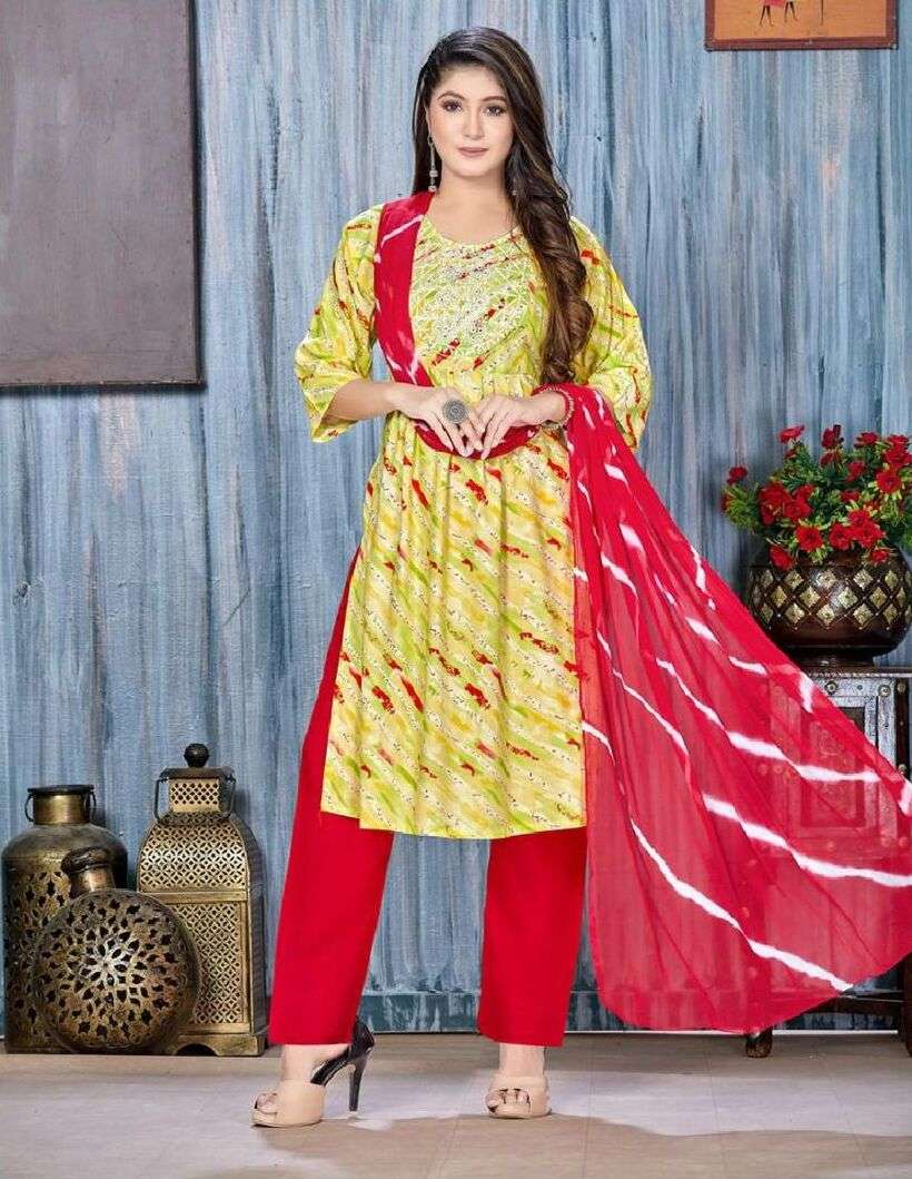 FT BINDAAS Rayon Foil print with embroidery and naira cut Kurti Wholesale catalog