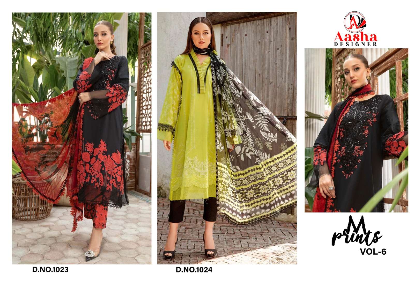 Aasha M Print Vol 6 Chiffon Dupatta Pakistani Suits Wholesale catalog