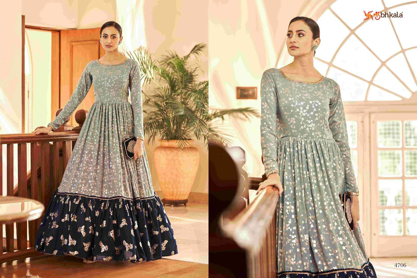FLORY VOL. 18 Georgette Metalic Foil Work Anarkali Gown Kurti Wholesale catalog