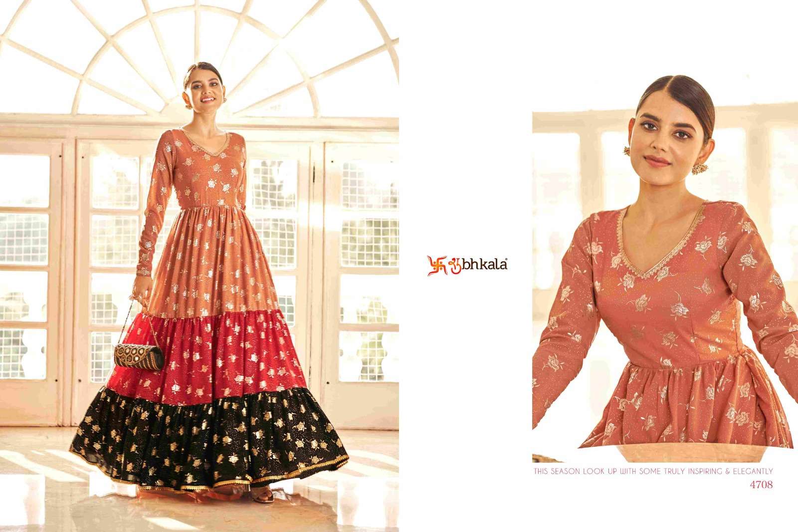 FLORY VOL. 18 Georgette Metalic Foil Work Anarkali Gown Kurti Wholesale catalog