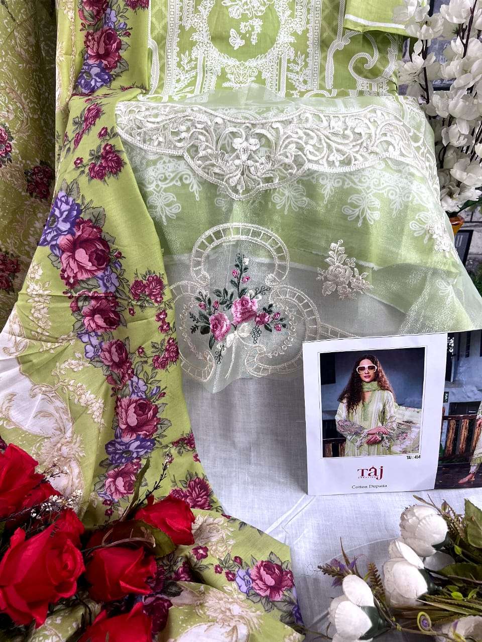 Taj 451 And 454 Cotton Dupatta Pakistani Suits Wholesale catalog