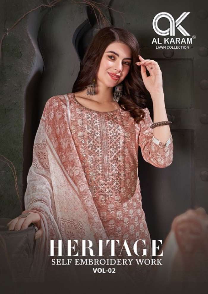 Al Karam Heritage Self Embroidery Work Vol-2 -Dress Material -Wholesale Catalog