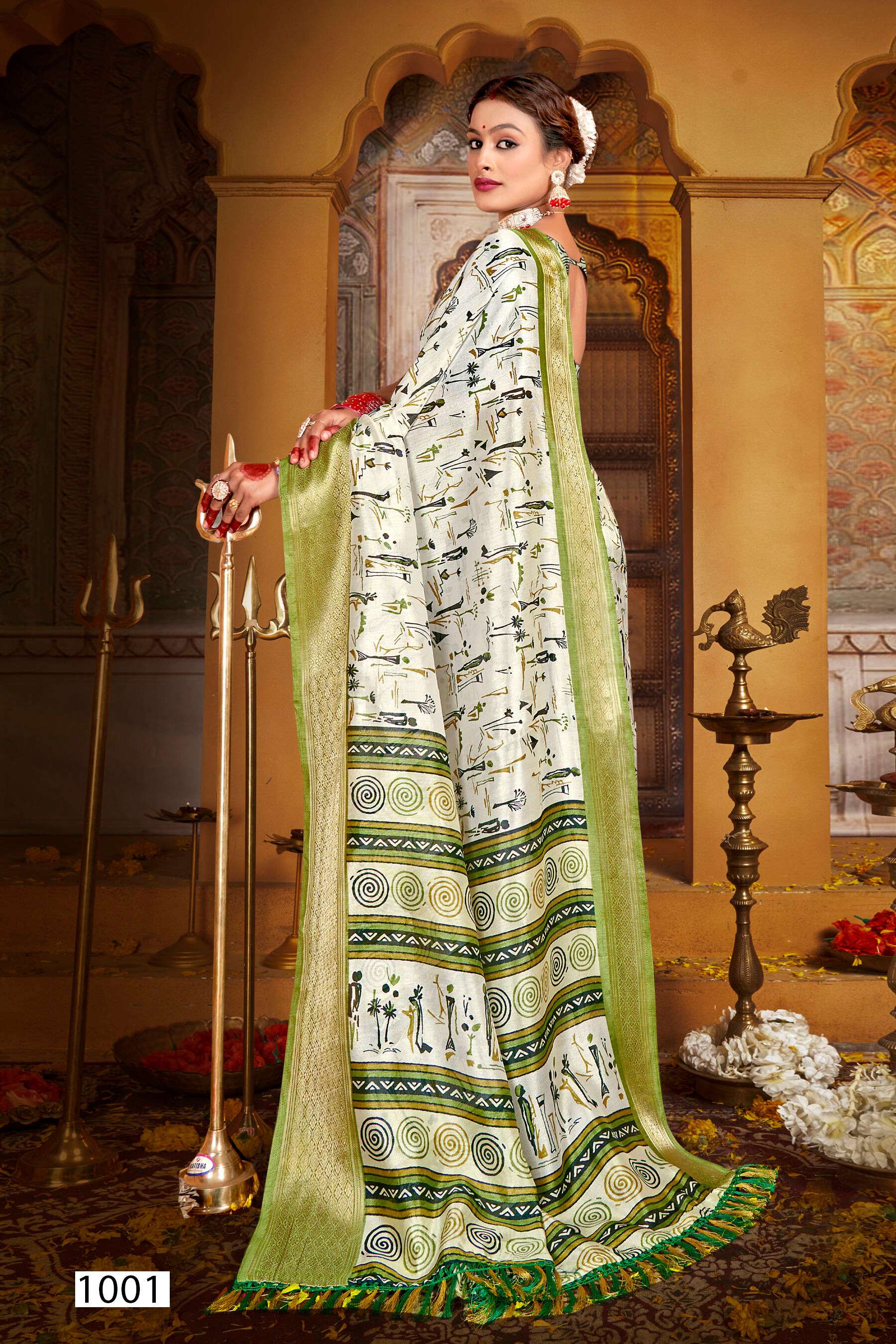 Saroj Golden Screen Vol - 14 Crystal jacquard border printed saree  with jhalar