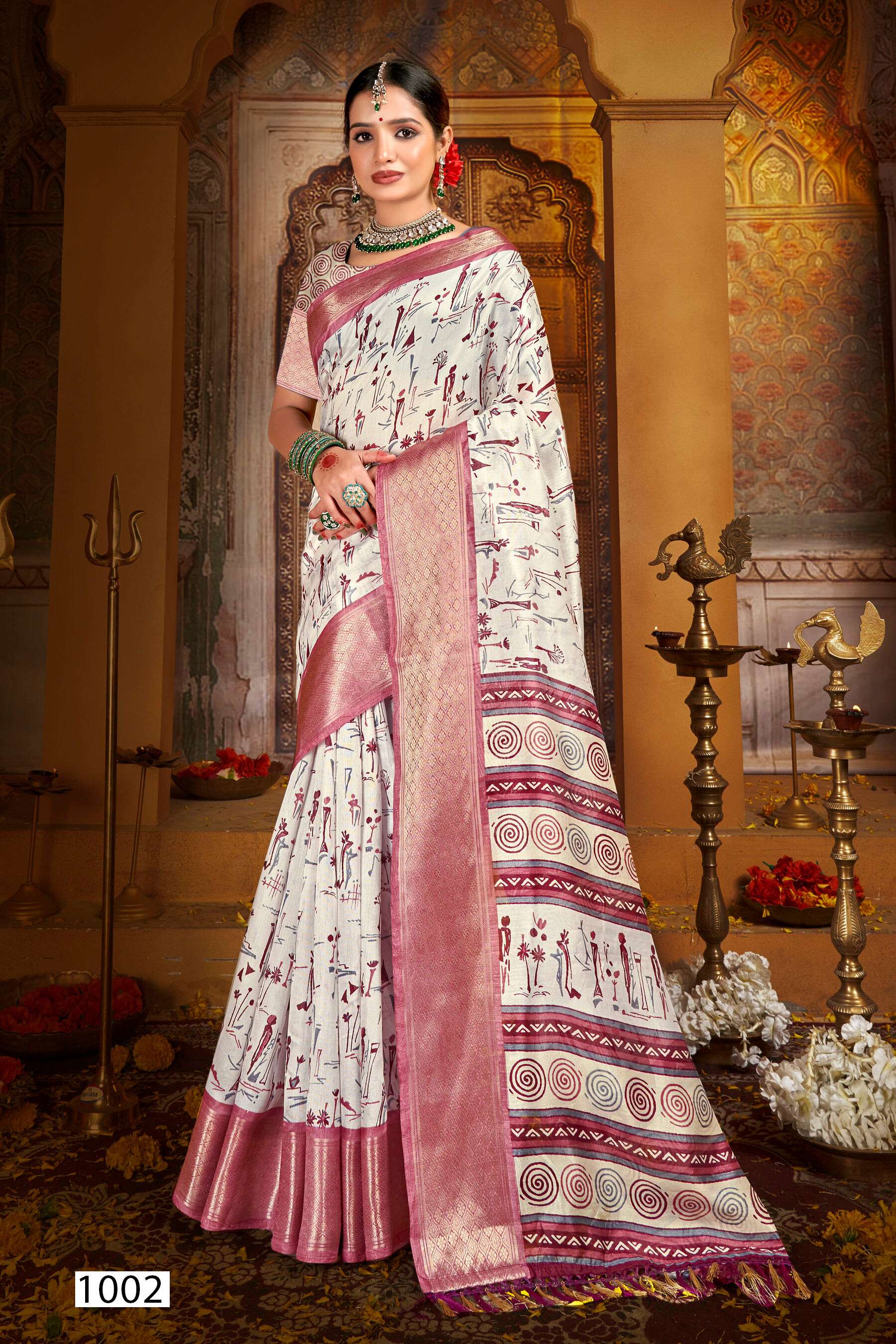 Saroj Golden Screen Vol - 14 Crystal jacquard border printed saree  with jhalar