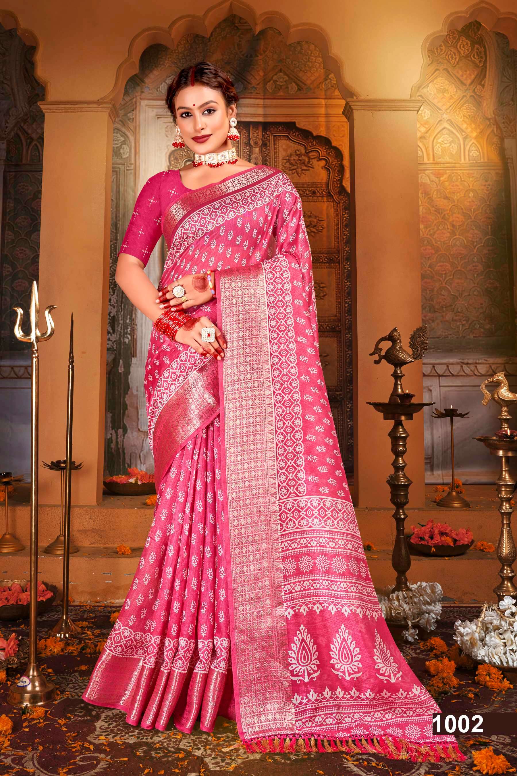 Saroj Golden Screen Vol - 15 Crystal jacquard border printed saree  with jhalar