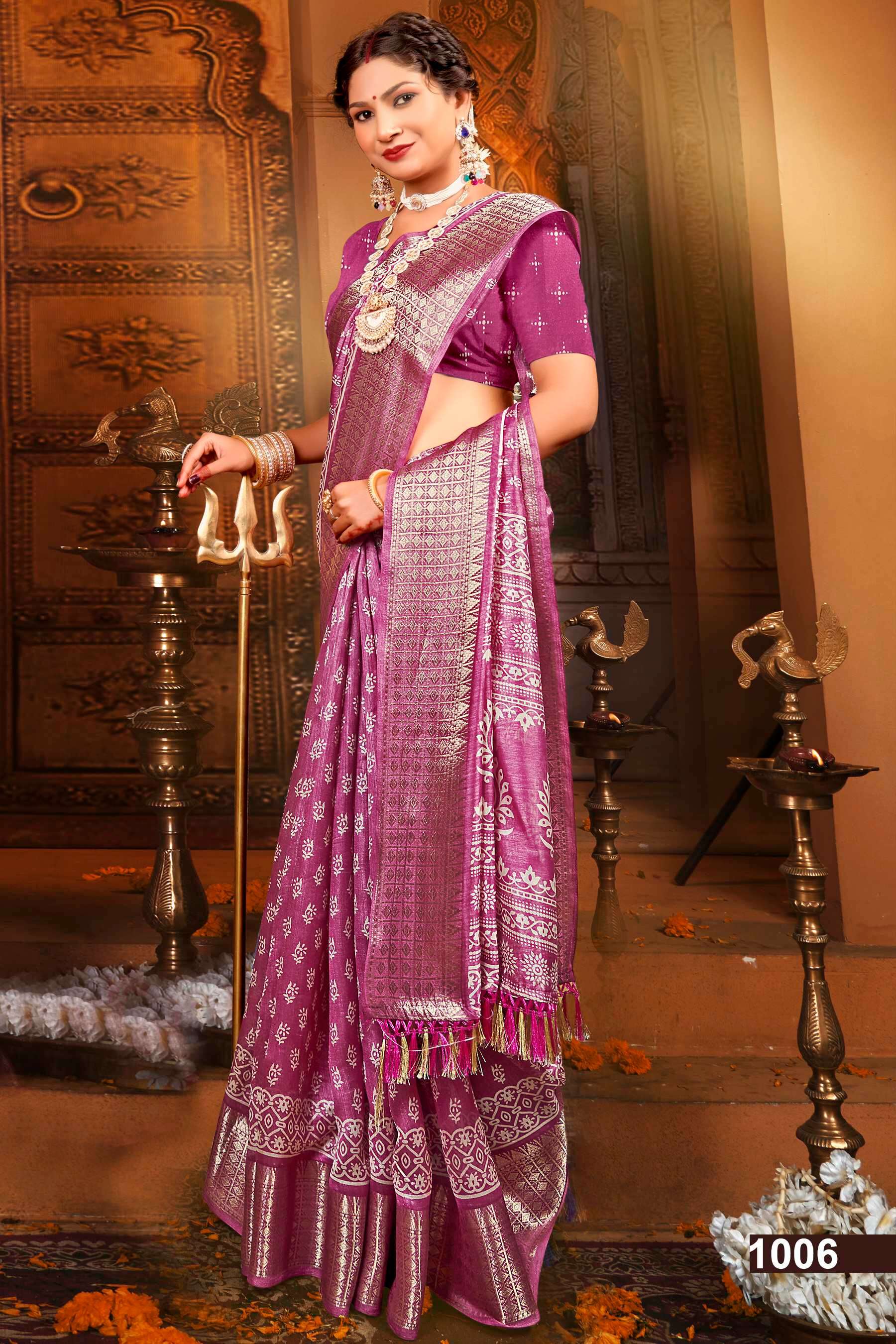 Saroj Golden Screen Vol - 15 Crystal jacquard border printed saree  with jhalar
