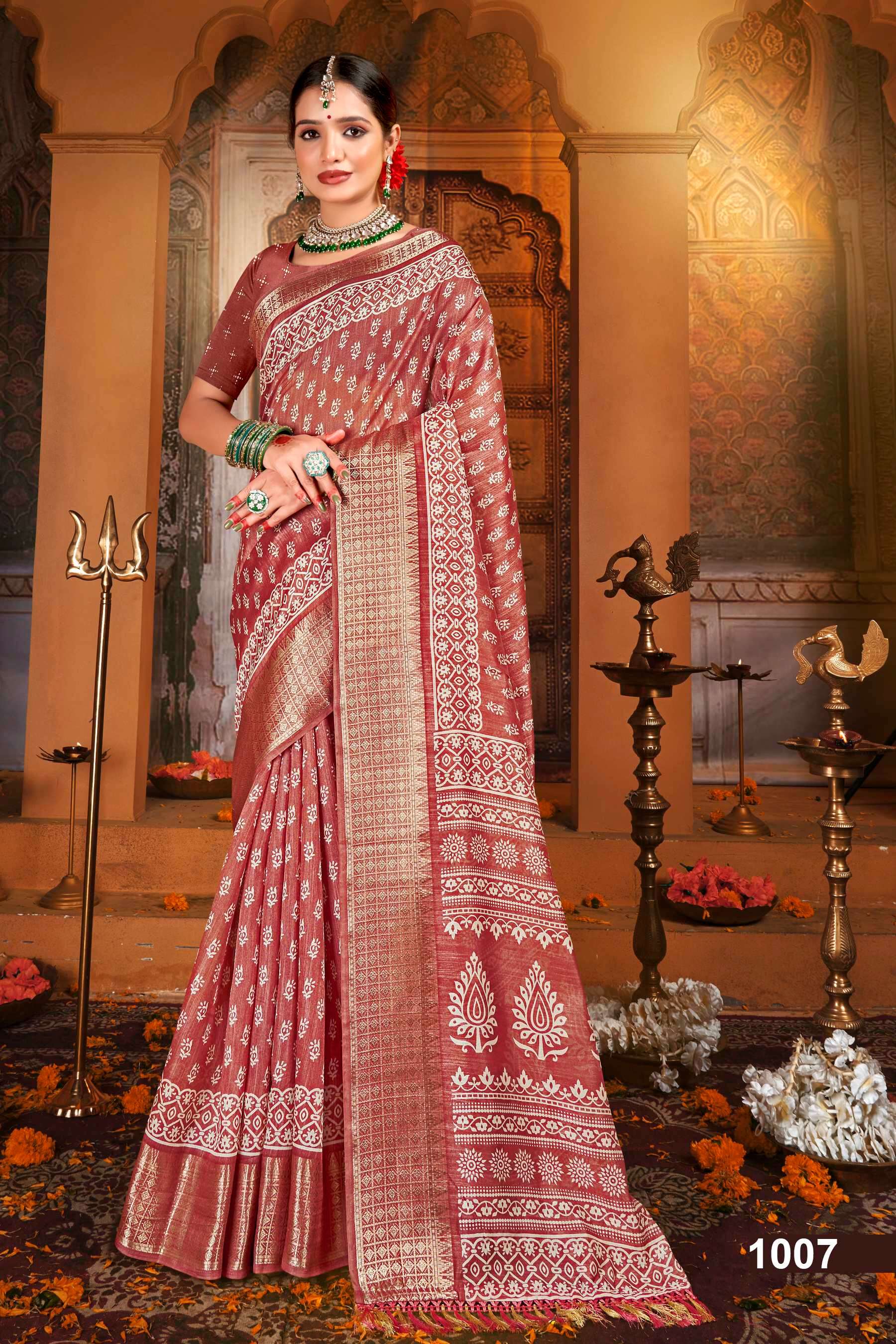 Saroj Golden Screen Vol - 15 Crystal jacquard border printed saree  with jhalar