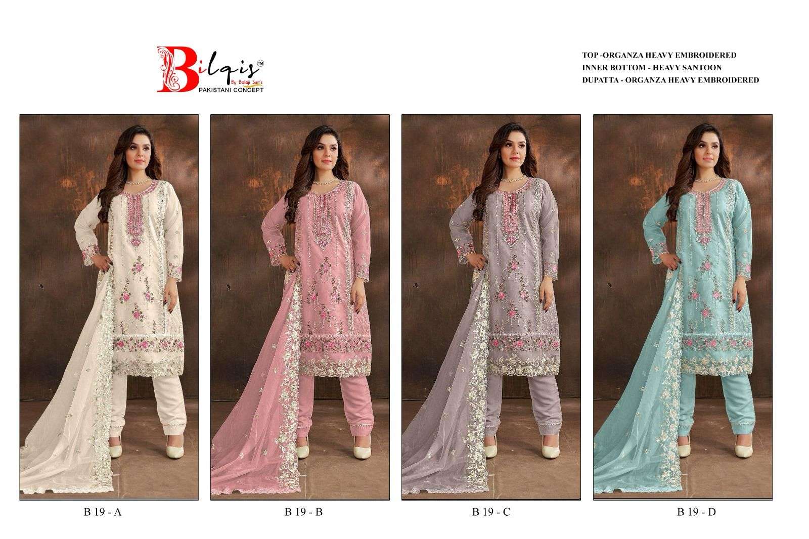 Bilqis B 19 A To D Organza Pakistani Suits Wholesale catalog