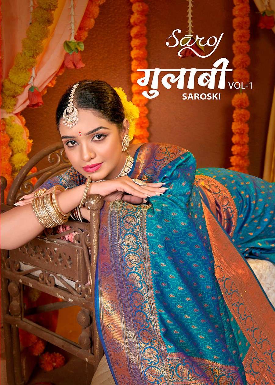 Saroj Gulaabi vol.1 50*600 silk with heavy swarovski work Saree Wholesale catalog    