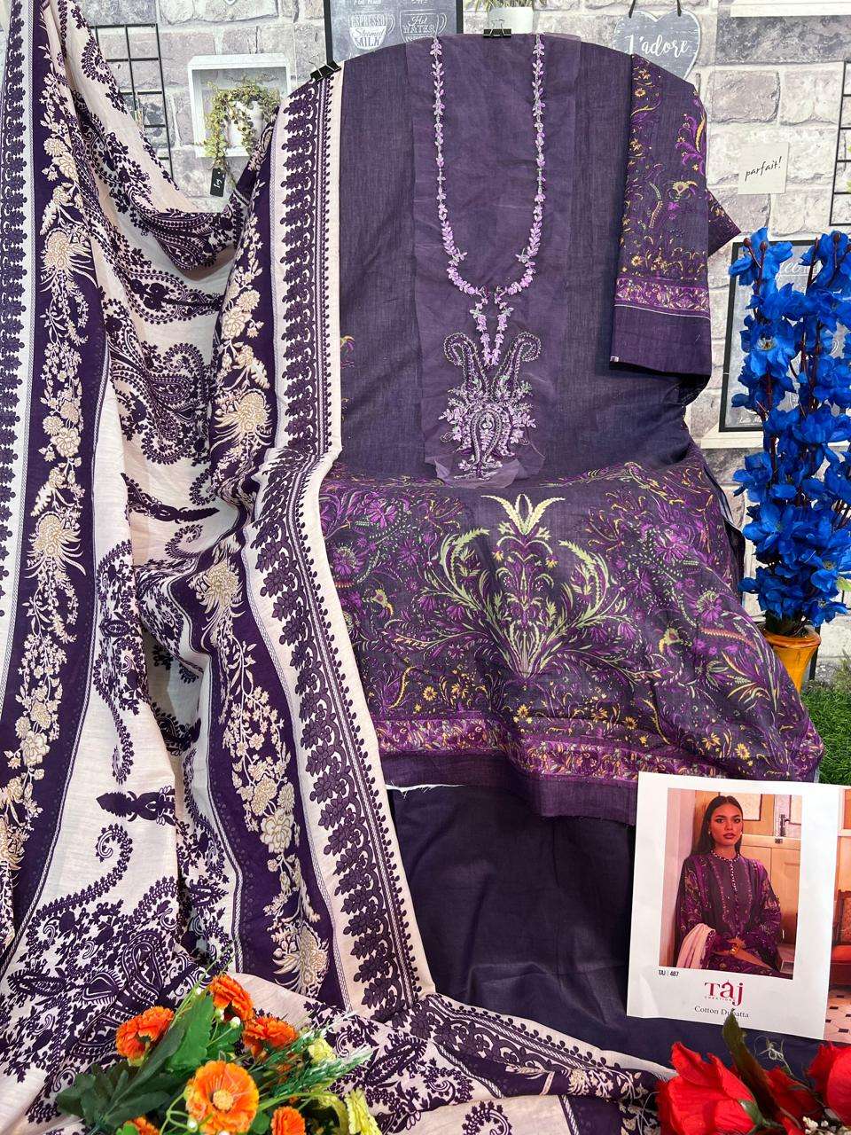 Taj 485 And 487 Cotton Dupatta Hit Pakistani Suits Wholesale catalog
